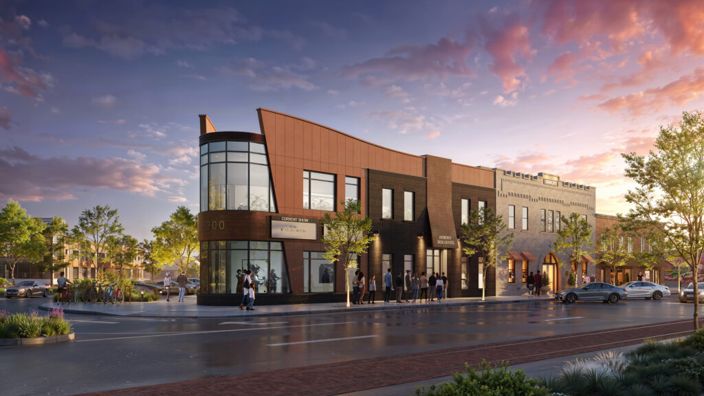 Architectural rendering showing a contemporary two-story office building designed on a uniquely shaped corner site next to the Armory Concert Venue in Old Town Fort Collins.